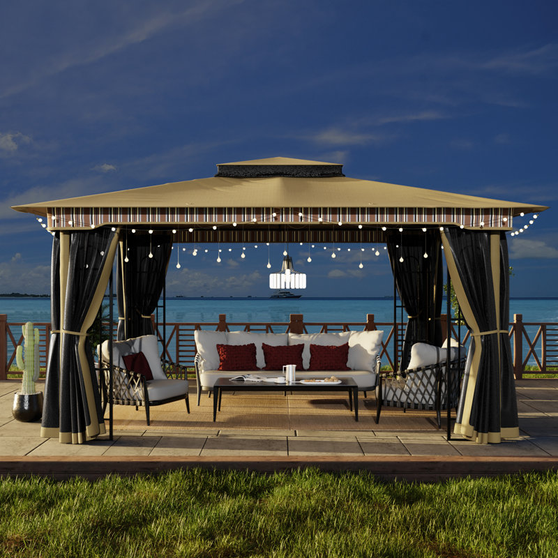 Gazebo de terrasse extérieur en acier de 13 pi de largeur x 11 pi de profondeur avec toit à double ventilation, moustiquaire complète et 4 étagères de rangement d'angle
