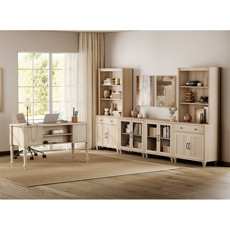 Ensemble de bureau et de meuble télé de style campagnard, centre de divertissement avec tablettes pour téléviseurs de 75 po ou moins, bureau d'écriture pour bureau personnel et salon, beige