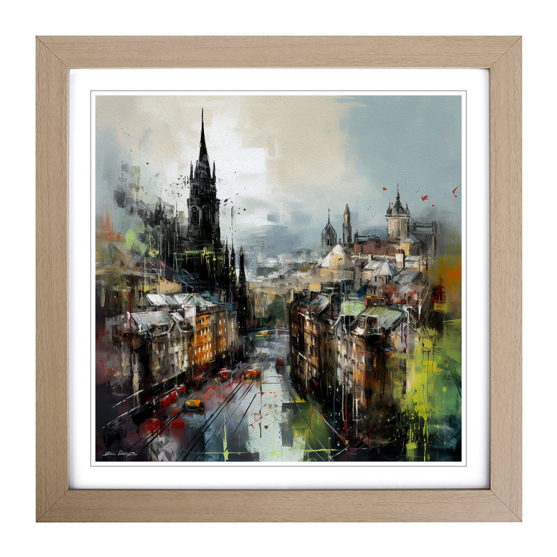 City Of Edinburgh Gestural Art No.1 - Single Picture Frame Print on Wood, Oak