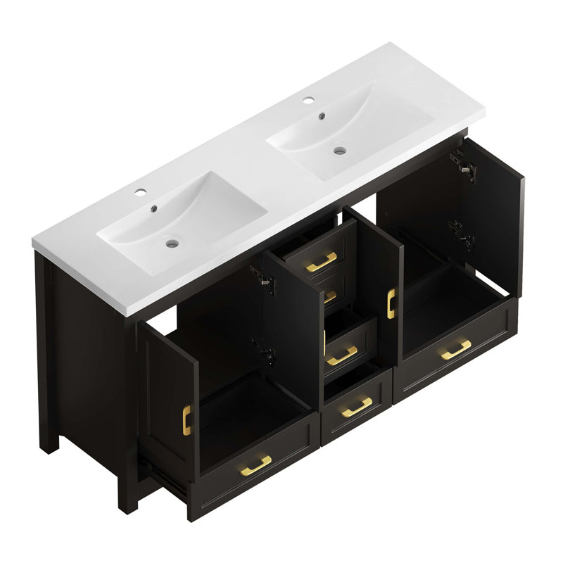 Meuble-lavabo 60 po NOIR. Armoire de rangement abondante - 4 portes à fermeture douce et 5 tiroirs, Noir