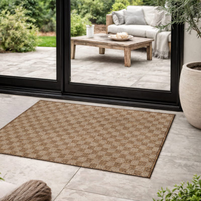 Checkered Sand/Natural Easy-Care Jute-Style Indoor/Outdoor Flat Woven Area Rug