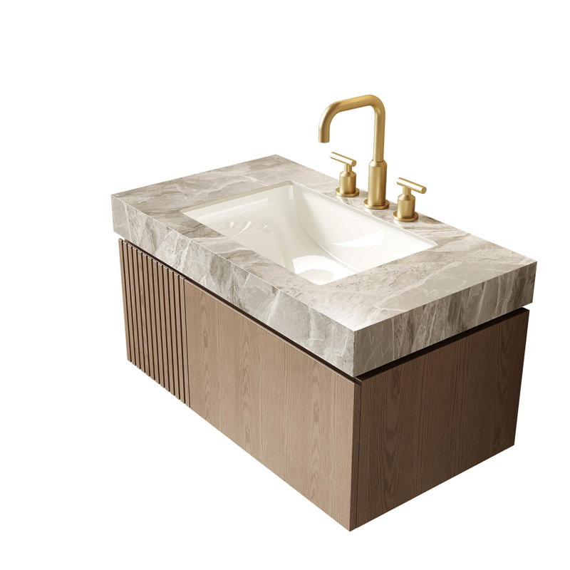 36" Bathroom vanity unit with sintered stone top and ceramic basin, Light Grey, Light Brown, 36