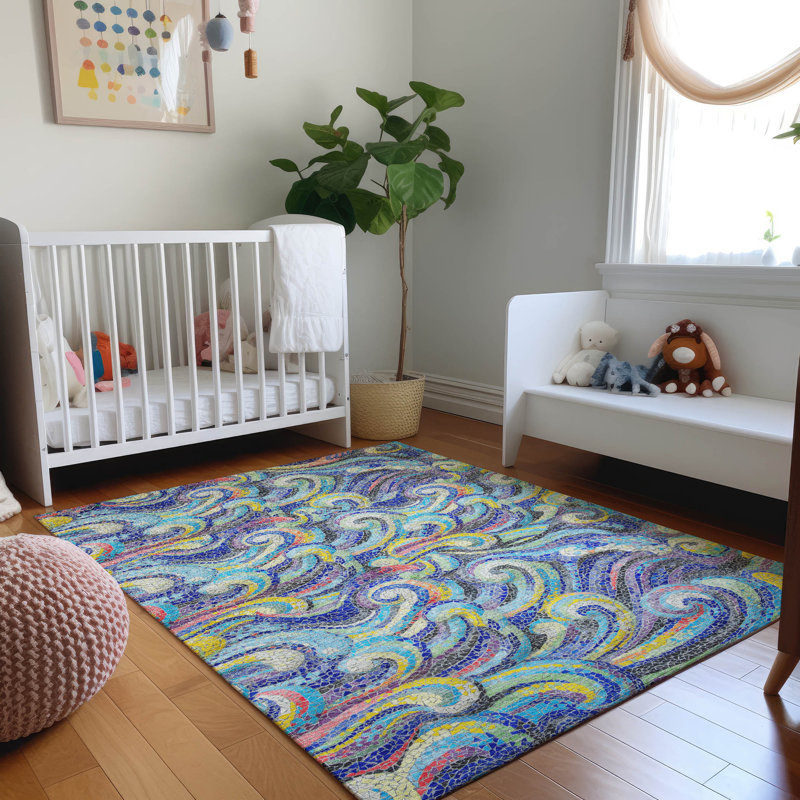 Premium Machine Washable Mayfield AMF193 Abstract Rug, Ocean, 2'6" x 3'10"