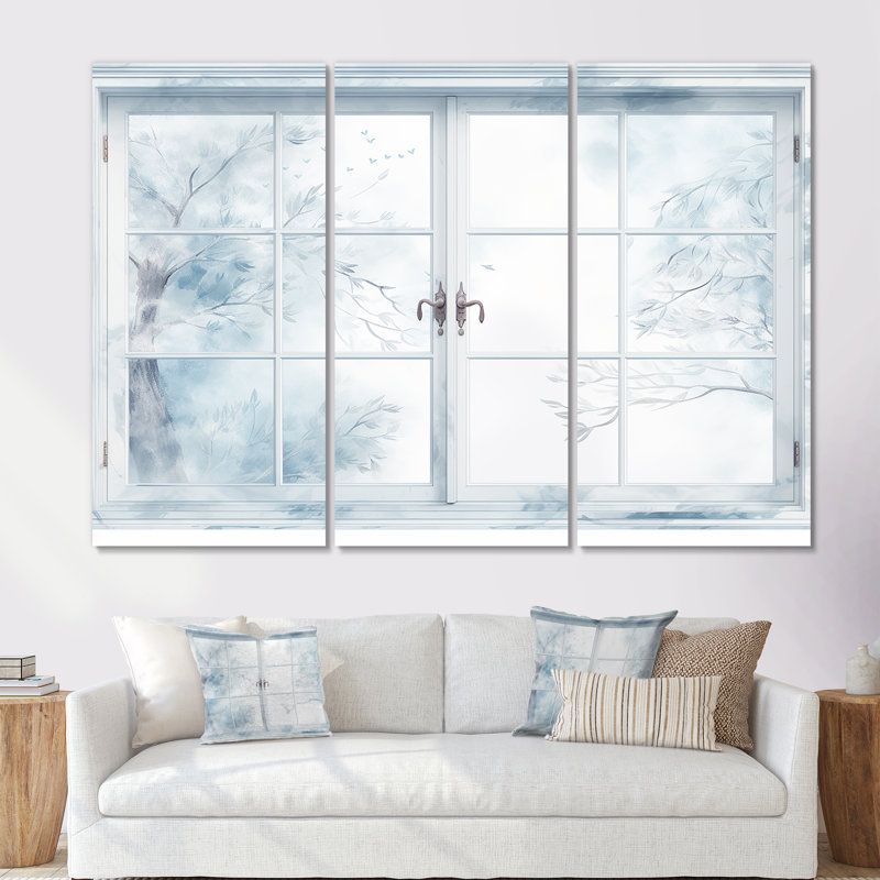 Frosty Winter Window View - Winter Landscape, art mural, Toile tendue, H 32 po x l 48 po x P 1 po