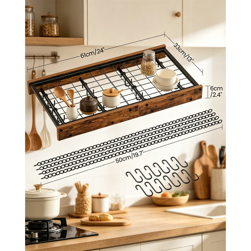 Vintage Ceiling Mounted Pot Rack with 12 Hooks, Rustic Brown Pot Hanger for Kitchen Cookware