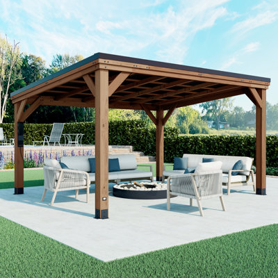 Backyard Discovery Arcadia Pitched Roof Cedar Wood Outdoor Patio Gazebo With Powerport 4.4m X 3.7m (14ft X 12ft)