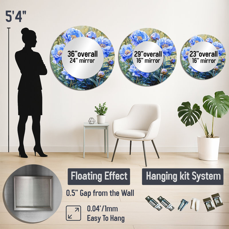 Pivoines bleues et vertes - miroir mural décoratif traditionnel - imprimé sur métal, 23 po x 23 po