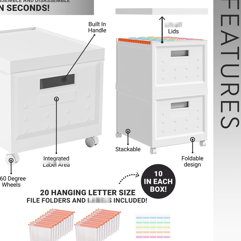 Plastique portatif de 2 boîtes à dossiers roulantes empilables et pliables avec couvercles et 10 dossiers suspendus, pour le rangement de bureau à domicile, peu encombrant, organisateur de rangement à 20 dossiers inclus, très bien intégré