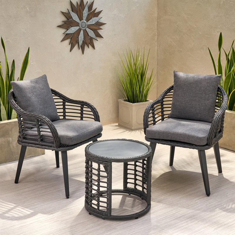 Meserve 2 - Person Patio Conversation Set with Cushions, Gray Frame / Dark Gray Cushion