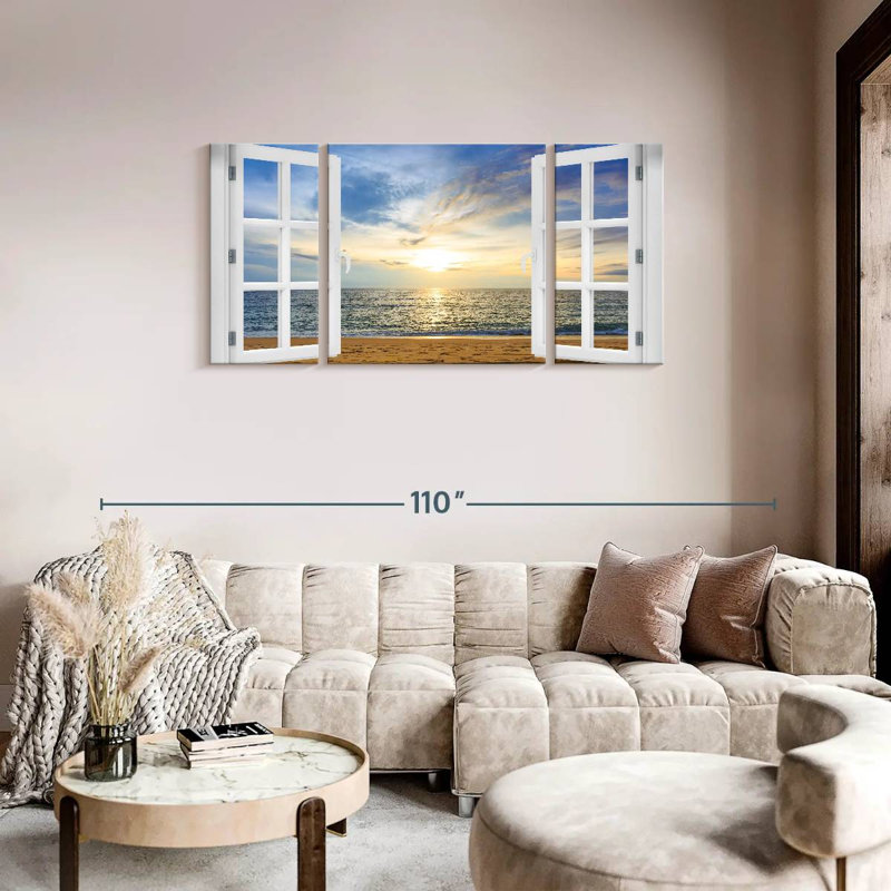 Fenêtre à la plage éthérée 3 pièces, H 36 po x l 74 po x P 1,25 po