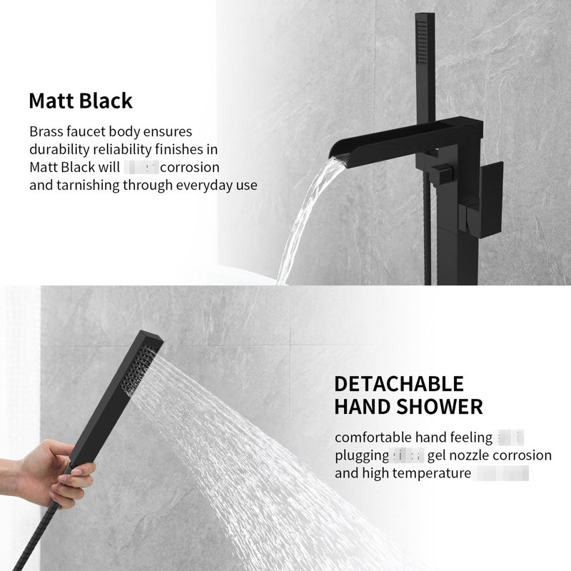 Robinet de baignoire à fixation au sol noir moderne avec robinet de baignoire thermostatique et douche à main réglable pour salle de bain pratique en laiton contemporain