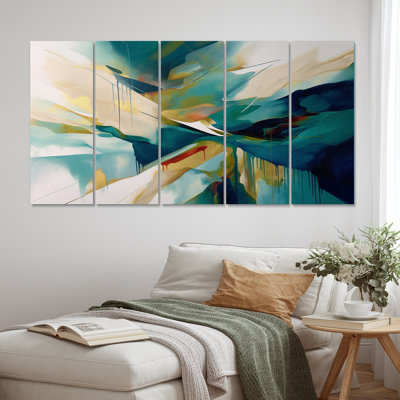 Cream And Green Harmonic Convergence II - Abstract Shapes Canvas Wall Art - 5 Equal Panels