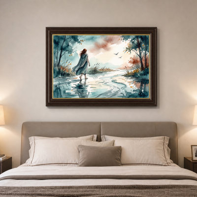 Aquarelle, femme qui marche dans un ruisseau, art mural sur toile
