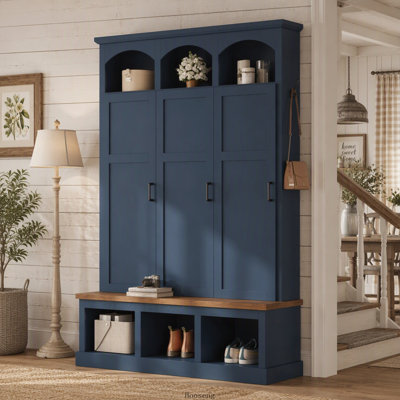 Arbre de vestibule arqué classique avec 3 rangements cachés, 5 crochets et banc en noyer, bleu