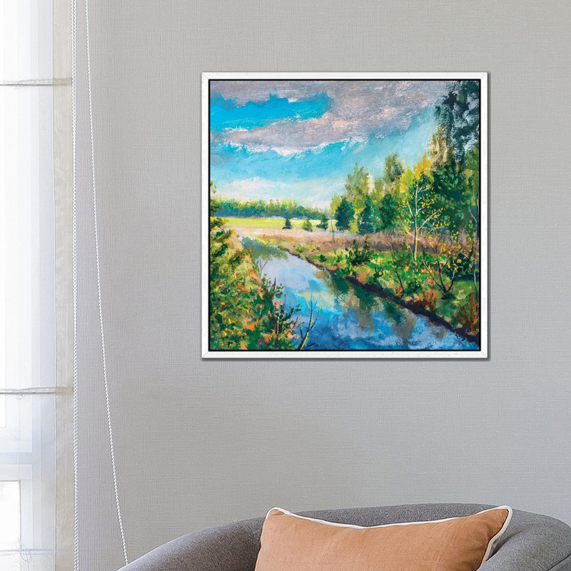 River in Spring Green Forest 1 Piece Painting on Canvas, 66.04 cm H x 66.04 cm W, White Framed Canvas