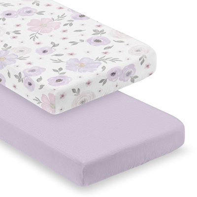 Watercolor Floral Lavender and Grey Muslin 100% Cotton 2 Pack Fitted Crib Sheets by Sweet Jojo Designs