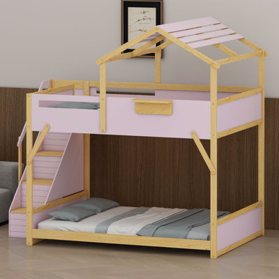 House Bunk Bed Featuring Built-in Stairs and LED Lights
