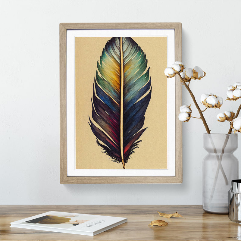 Vivacious Feather - Single Picture Frame Painting, 46cm H x 34cm W x 2cm D, Oak Framed
