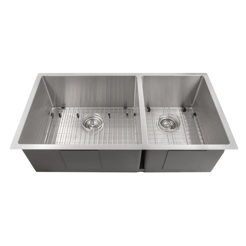 Chamonix Stainless Steel 36" L x 19" W Double Basin Undermount Kitchen Sink with Basket Strainer