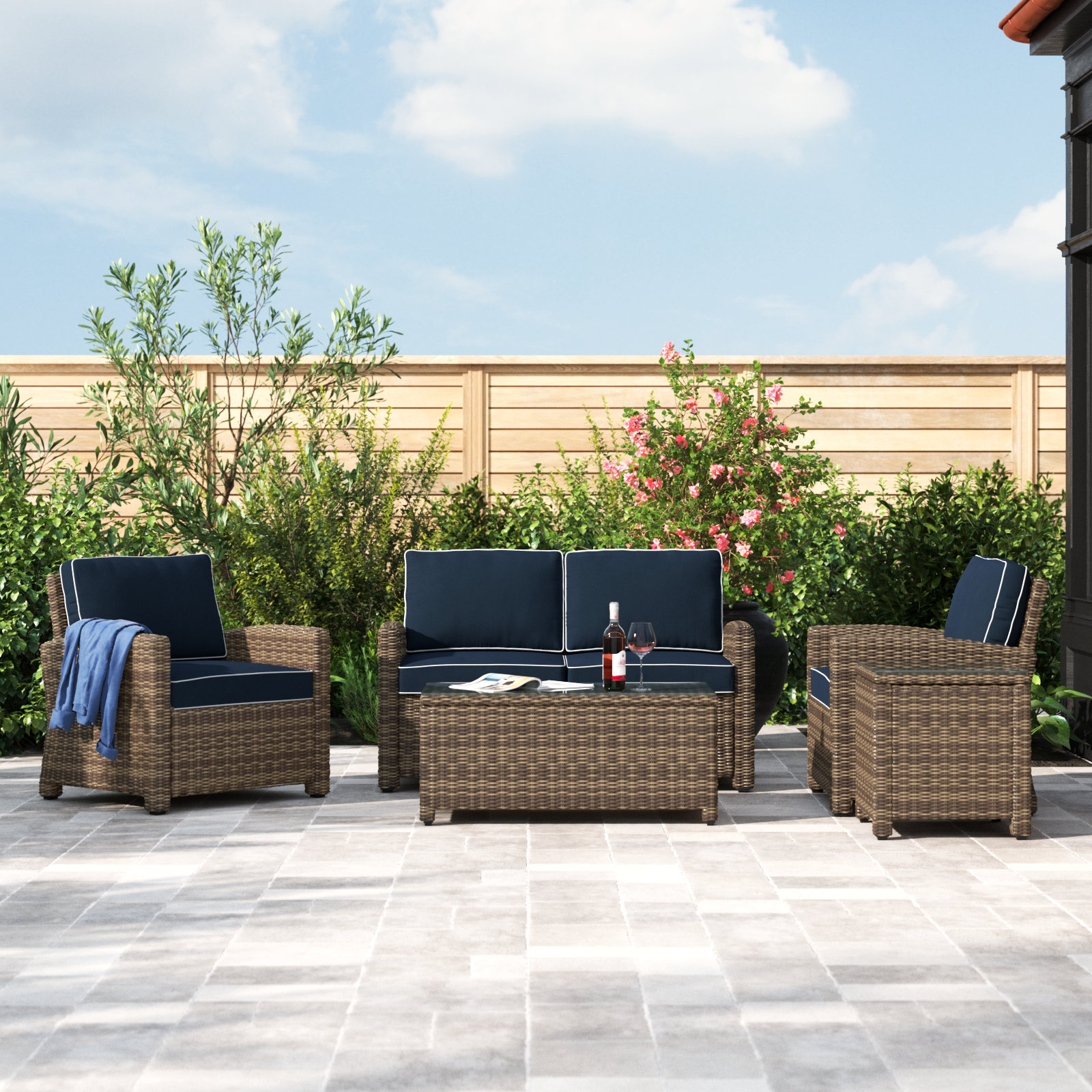 4 - Person Patio Conversation Set with Cushions, Navy, Brown