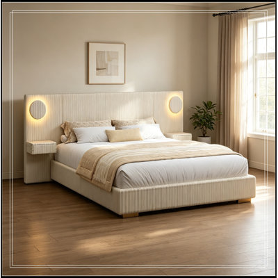 Grand lit rembourré Camillo avec lumières DEL, ports de chargement USB et tiroirs de rangement latéraux