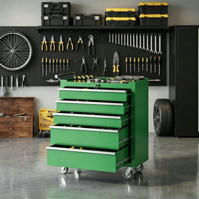 Coffre à outils roulant à 5 tiroirs avec armoire verrouillable, construction en acier et roulettes de frein