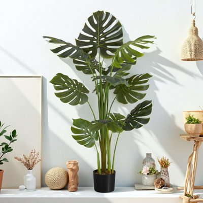 Arbre artificiel de 55 po de hauteur avec plante artificielle avec 13 feuilles réglables, pré-empoté dans un pot noir pour la décoration de salon
