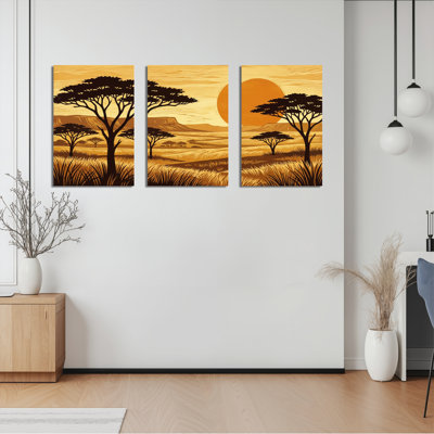Ensemble de 3 toiles murales représentant un coucher de soleil sur la savane africaine