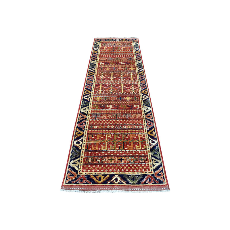 Tapis de couloir en laine rouge à motif géométrique noué à la main 2 pi 8 po x 9 pi 7 po 6D854AE3ABB04AB8B9C2FE3AC6D1CE39