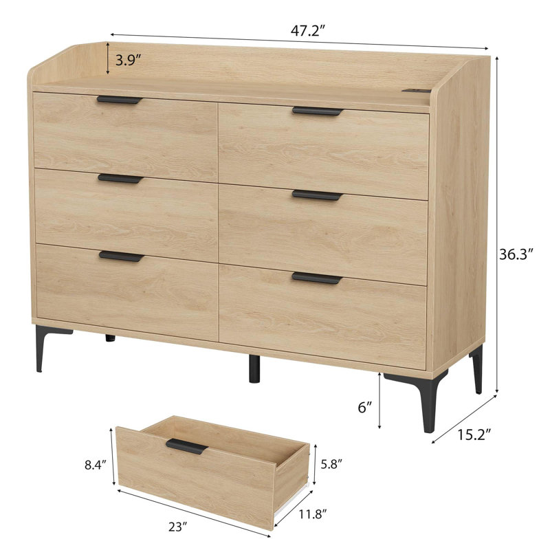 Armoire de rangement en bois à 6 tiroirs de 47,2 pouces de large avec prises de courant pour le salon, la chambre à coucher ou l'entrée