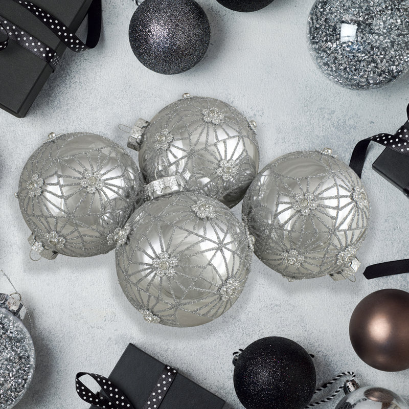 Ornements en forme de boule de Noël en argent 4ct. 3,25 pouces (80mm)