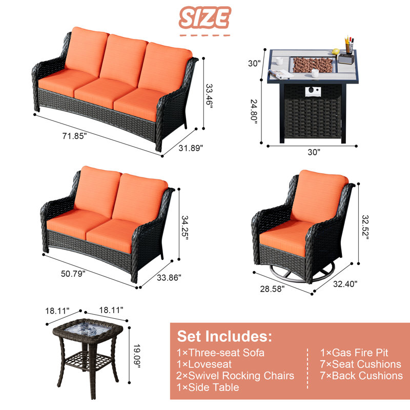 Keijuan 5 - Person Patio Conversation Set with Cushions, Brown, Orange Red