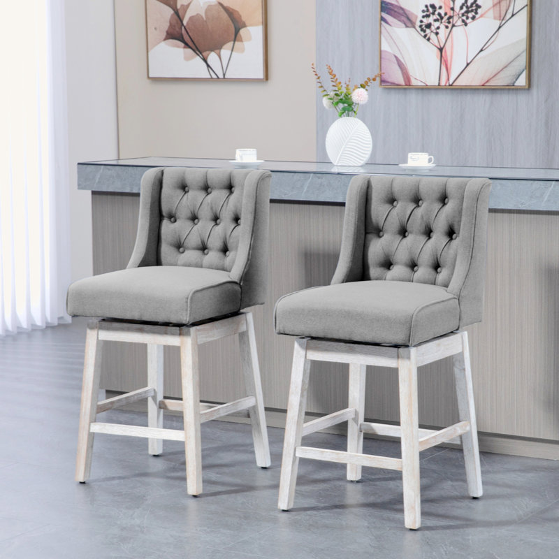 Counter Height Bar Stools Set Of 2, 180 Degree Swivel Barstools, 27" Seat Height Bar Chairs With Solid Wood Footres And Button Tufted Design, Grey