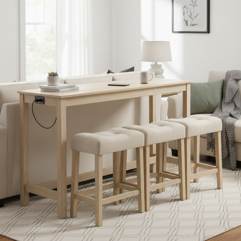 Ensemble de table de bar 4 pièces avec prise et 3 tabourets, table de salle à manger élégante et chaises, Chêne clair