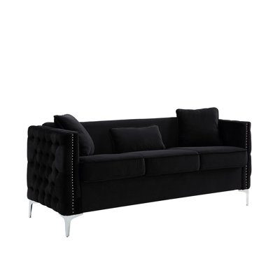 Belluno 73"W Black Velvet Sofa With 3 Pillows