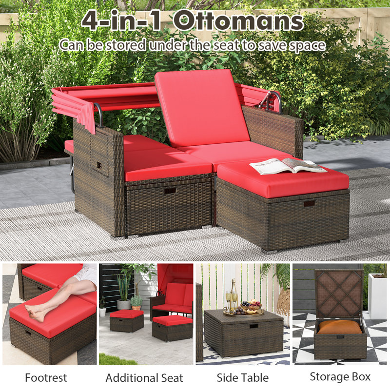 Rattan Daybed w/ Adjustable Backrests & Retractable Canopy for Patio, Red