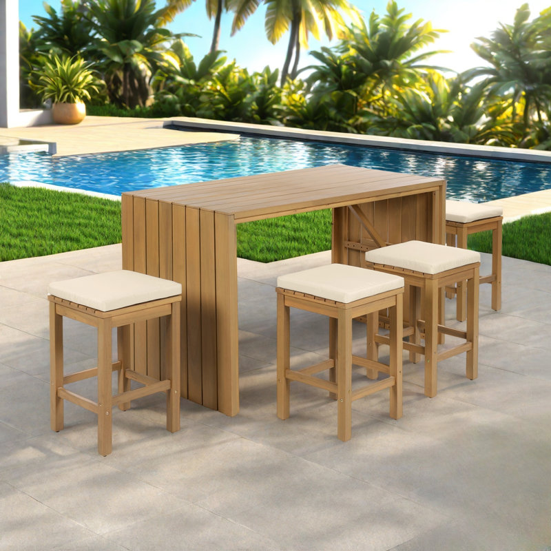 5 Pieces Outdoor Bar Set Included 1 Height Table & Four Stools With Cushions