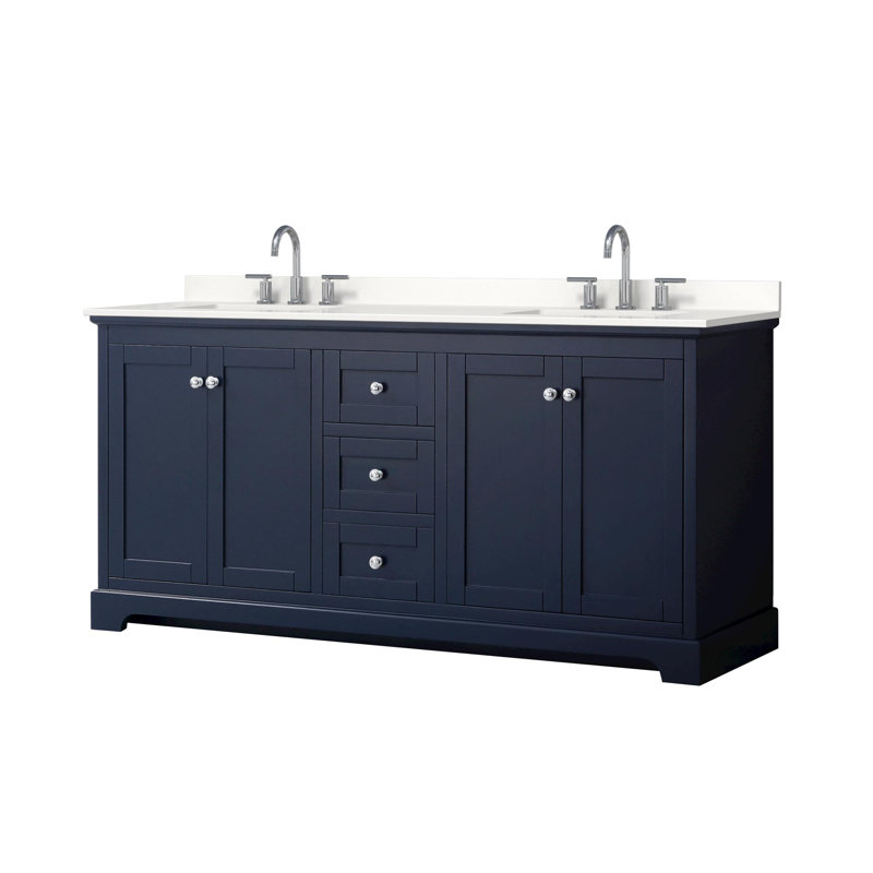 Meuble-lavabo double autoportant 72 po avec plateau en quartz Avery, Quartz blanc, Bleu très foncé, Chrome poli