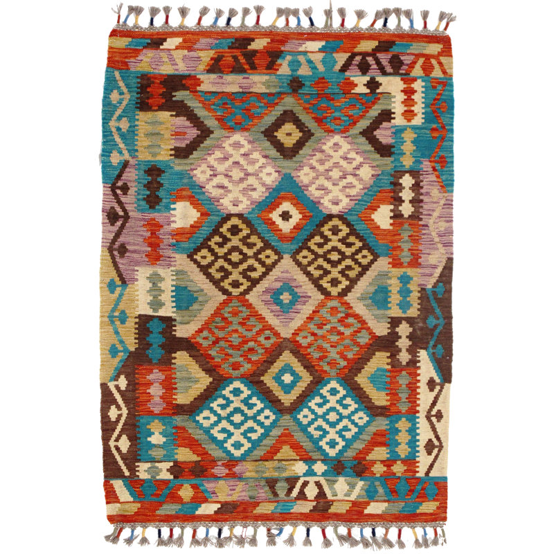 Tapis rouge/bleu/rose de laine 3 pi 5 po x 4 pi 10 po one-of-kind dc fait main kilim