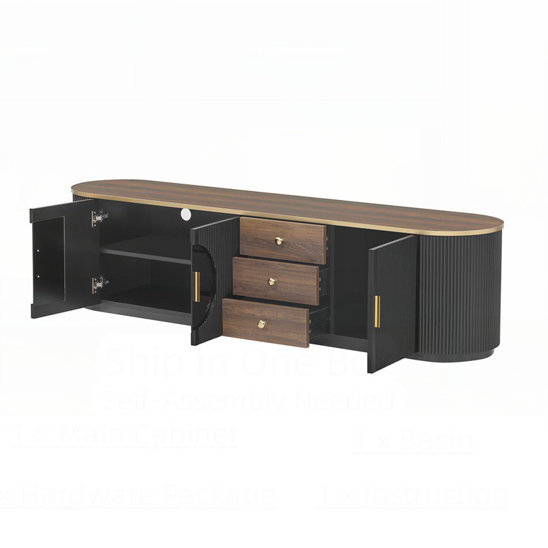 Meuble télé moderne blanc, centre de divertissement spacieux en MDF avec rangement pour le salon, Black