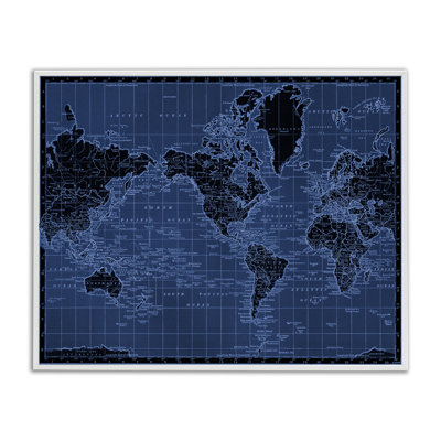 Giclée encadrée de carte du monde aux tons bleus, design par Phillipa Katz
