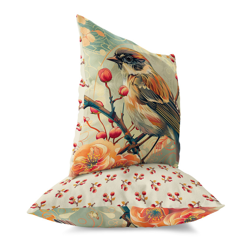 Coussin Berries and Birds, Rouge / Orange, H 16 po x l 16 po