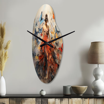 Zyrek Butterfly And Woman Dance I - Butterfly Curved Metal Wall Clocks, Orange Asymmetrical Wall Clock Print