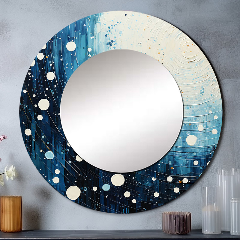 Teal White Mid Century Minimalist Rain I - Minimalism Mirror, Modern Round Decorative Wall Mirror, Printed Metal Art