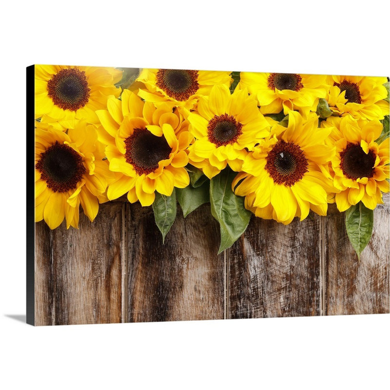 Tournesols sur fond en bois, art mural, Toile tendue, H 18 po x l 12 po x P 1,25 po