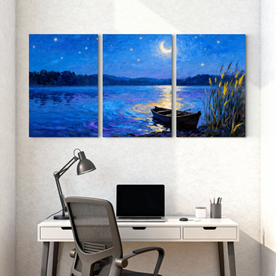 Abstrait nuit ciel lac bateau reflets étoiles lune eau roseaux ensemble de 3 impressions d'art sur toile