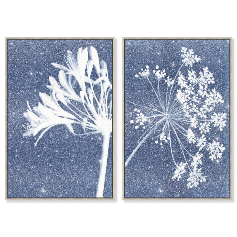 Cyan Flowers Set Set by Oliver Gal, 31"H x 46"W, Silver Floater Frame