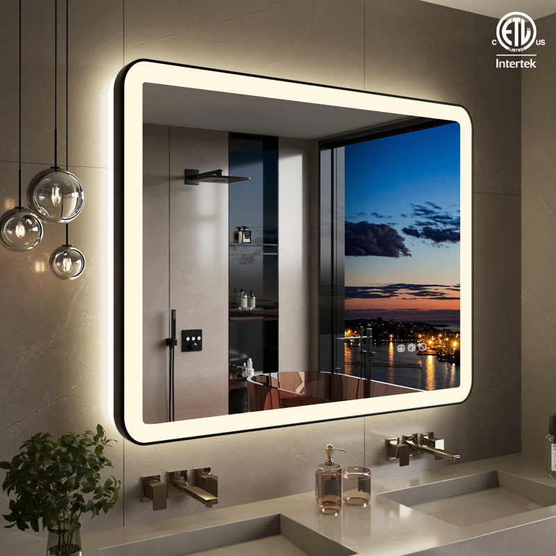 Natalin LED Wall Mirror, 40" x 36", Matte Black, Rectangle