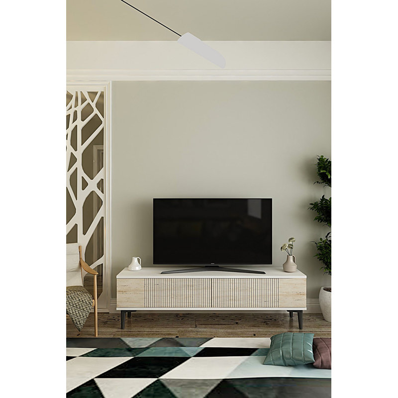 Meuble télé moderne, blanc et travertin, 47,2 po x 15,9 po x 12,6 po | 100% panneau de particules enduit de mélamine, épaisseur: 0,7 pouce | Fixation murale, conception géométrique élégante, parfaite pour le salon et les espaces de divertissement
