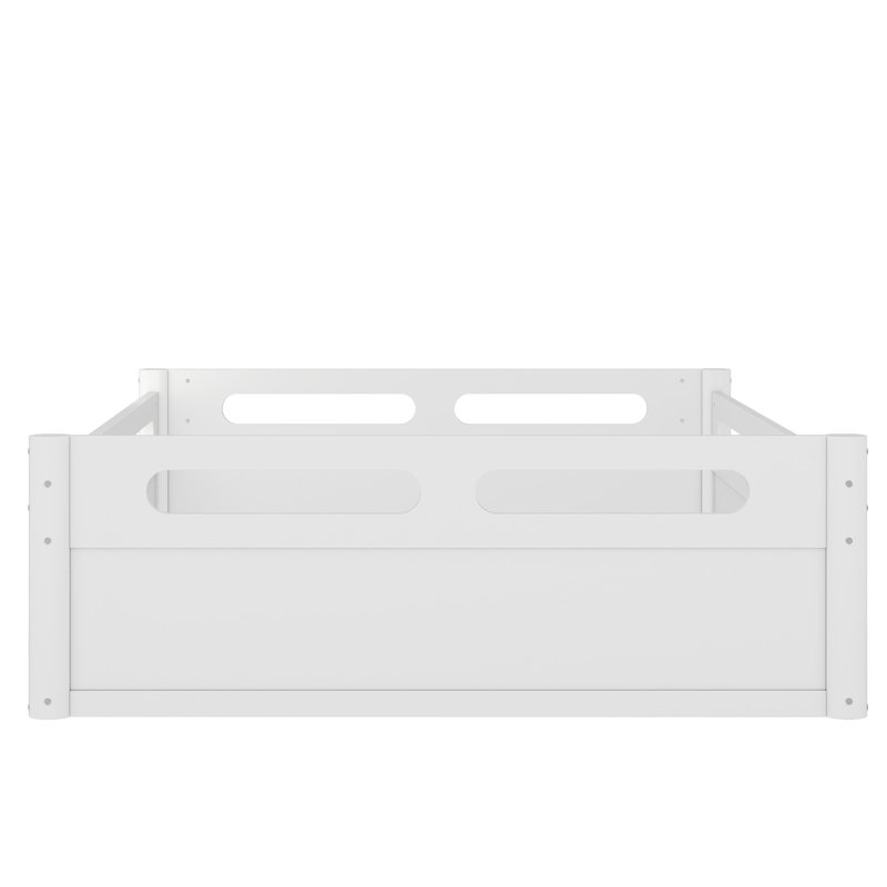 Lit plateforme au sol avec garde-corps longs, base de lit à profil bas, aucun sommier tapissier requis, blanc, Full, White